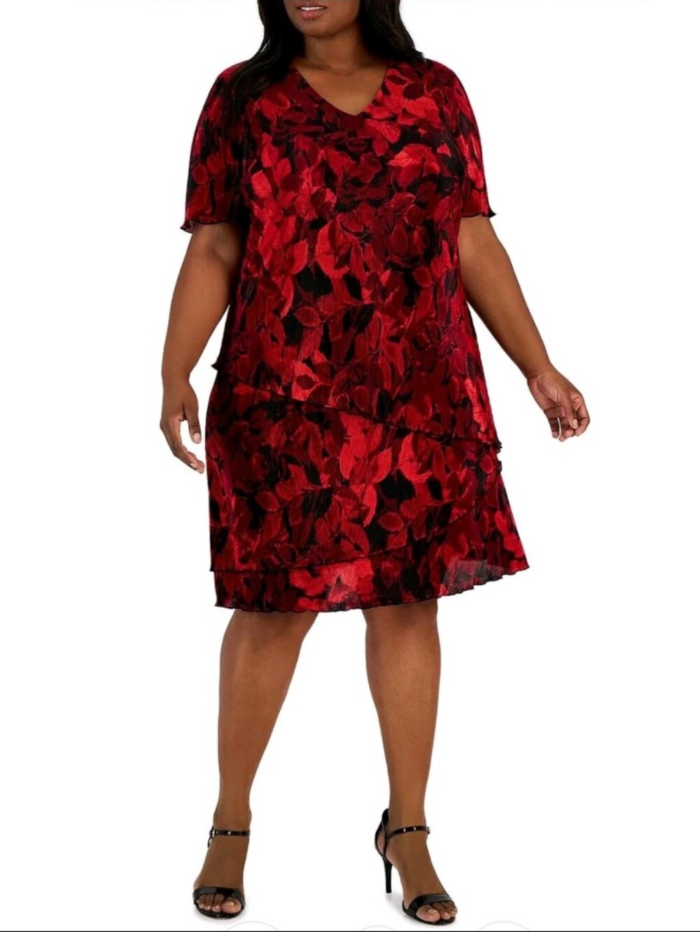 Connected Apparel Plus Size Plus Women Ribbed Knee MIDI Dress Floral Red 18W euc